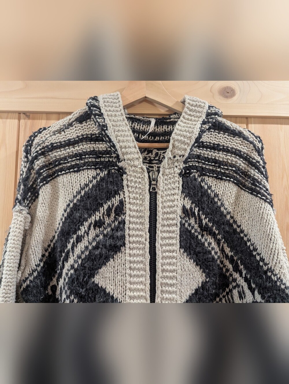 Free People Hooded Zip Cardigan in Beige and Black - Picture 3 of 10